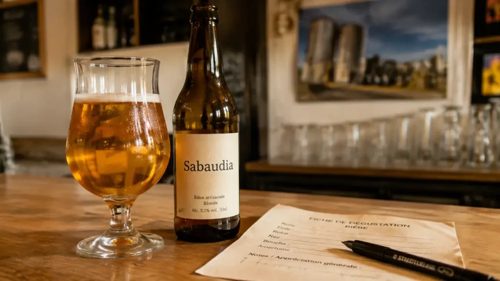 Brasserie artisanale de Sabaudia : bière blonde fraîche en verre tulipe