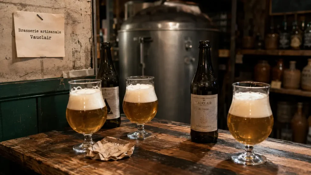 Brasserie artisanale de vauclair : verres et bouteilles en dégustation au comptoir