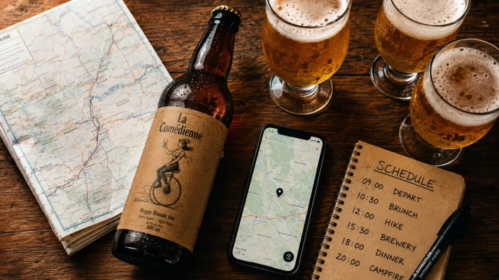 Brasserie artisanale la comédienne : carte et bouteille de bière artisanale