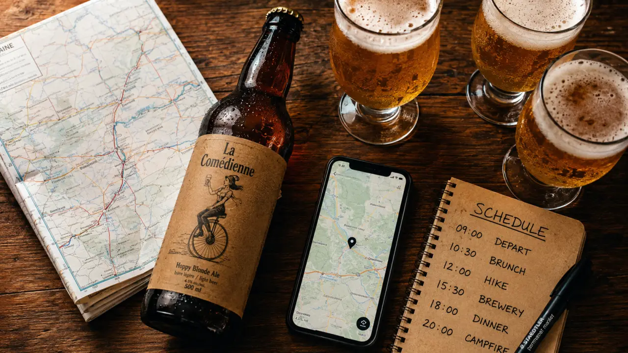 Brasserie artisanale la comédienne : carte et bouteille de bière artisanale