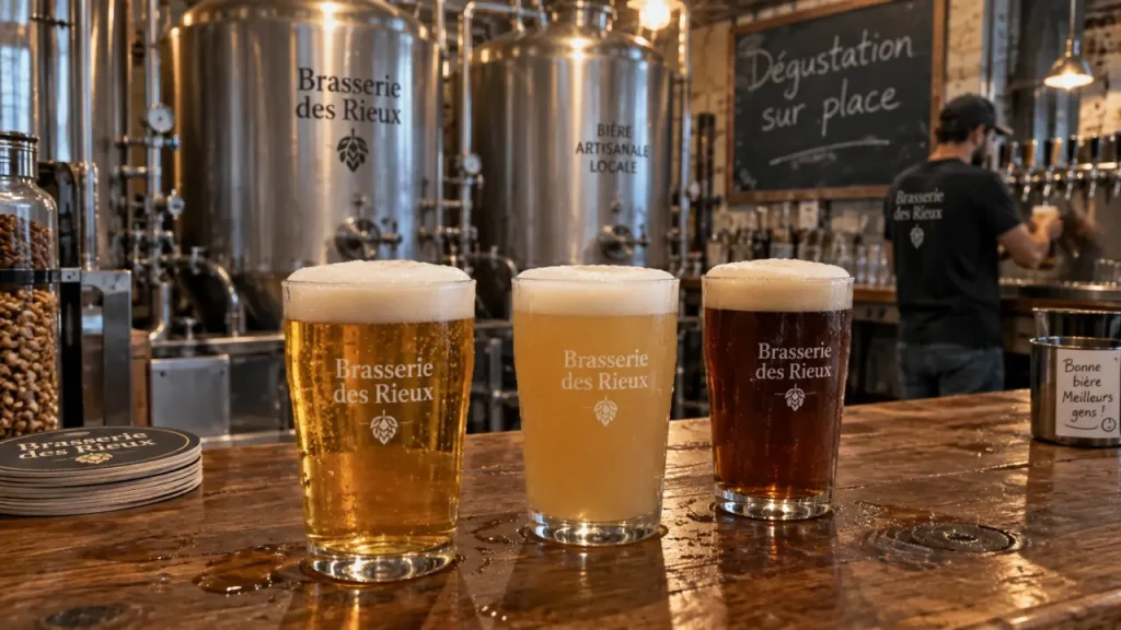 Brasserie des rieux à Vogüé : verres de dégustation blonde blanche ambrée