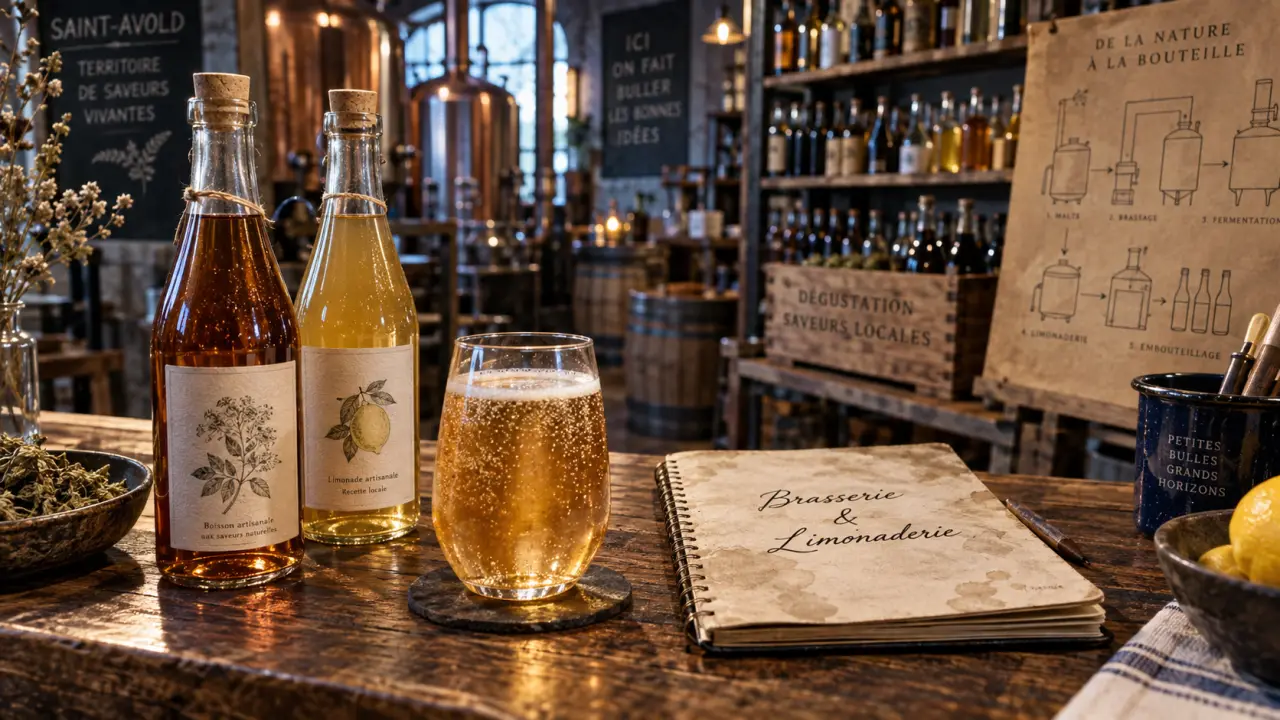 Intérieur d’une brasserie limonaderie artisanale du pays de Saint-Avold, limonade ambrée et bouteilles