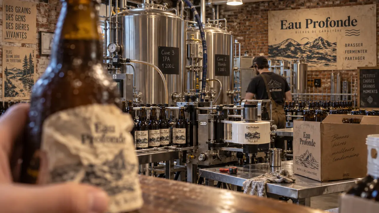 Brasserie Mira : bouteilles et cuves, eau puisée à 320 m