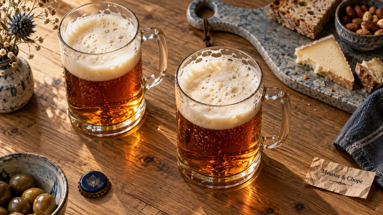 Chope de bière artisanale : mousse épaisse et condensation, verre froid