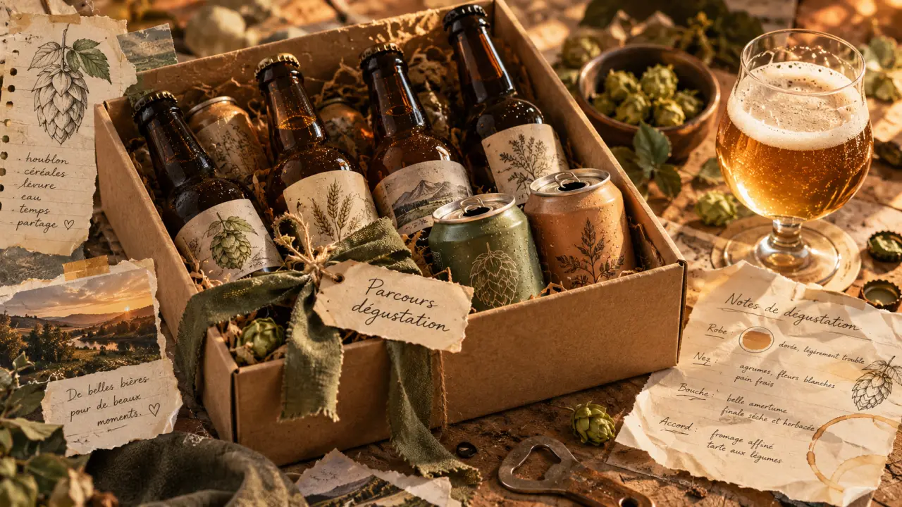 Coffret cadeau bière artisanale sur table en bois, dégustation en verre