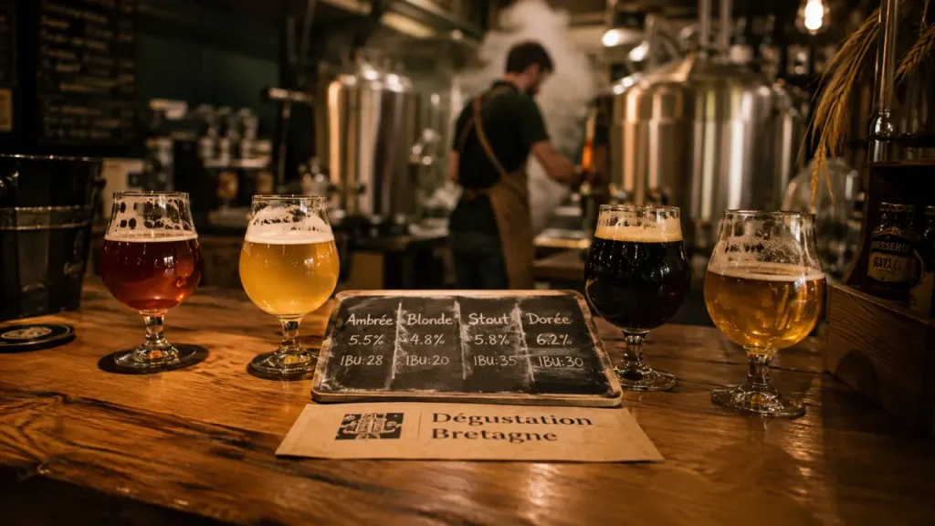 Dégustation bière Bretagne en brasserie : verres et comptoir