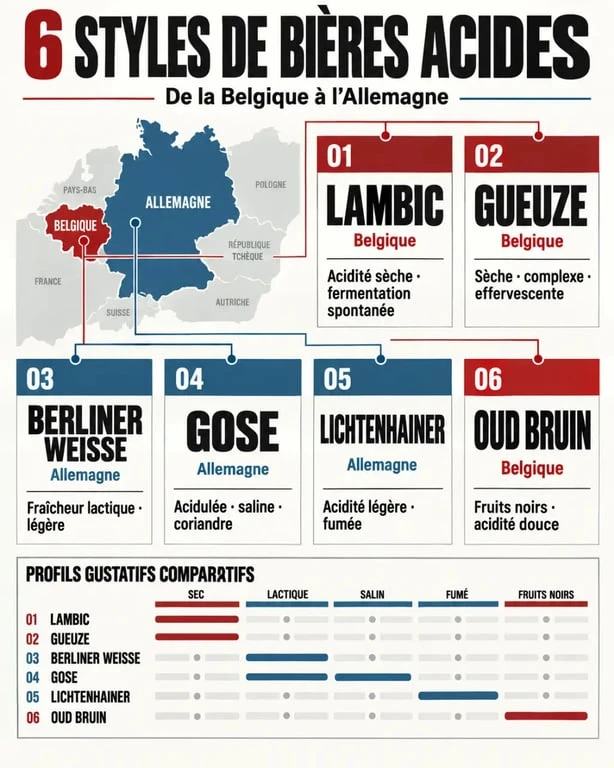 Infographie comparative des styles de bière acide, du lambic à la Gose