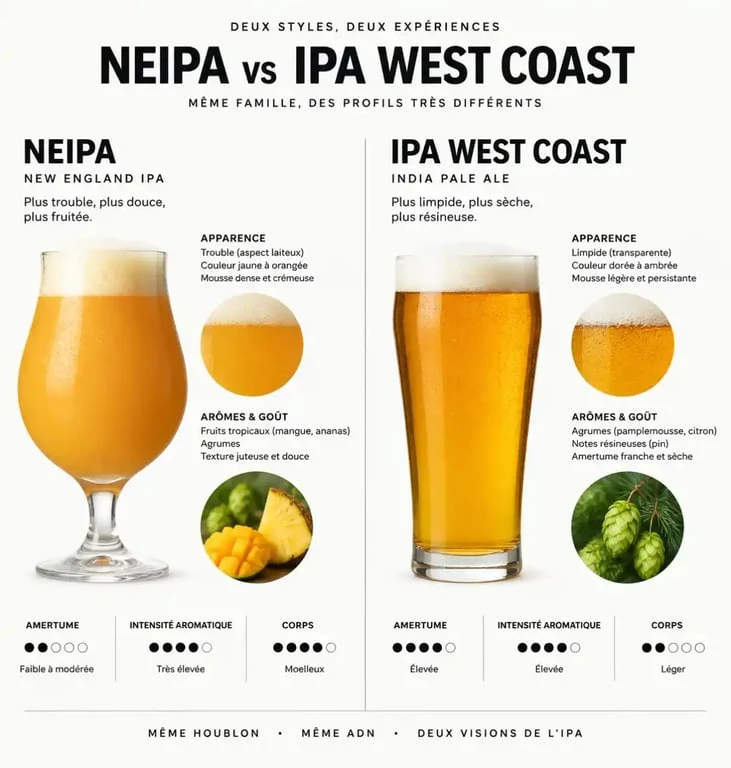Comparatif visuel entre une bière NEIPA trouble et une IPA classique