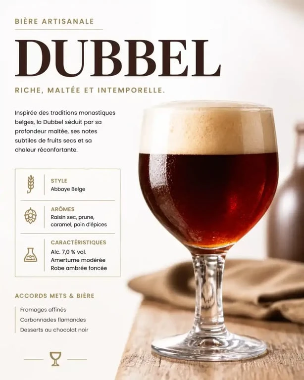 Bière artisanale de tradition cistercienne de type Dubbel dans un verre à calice.