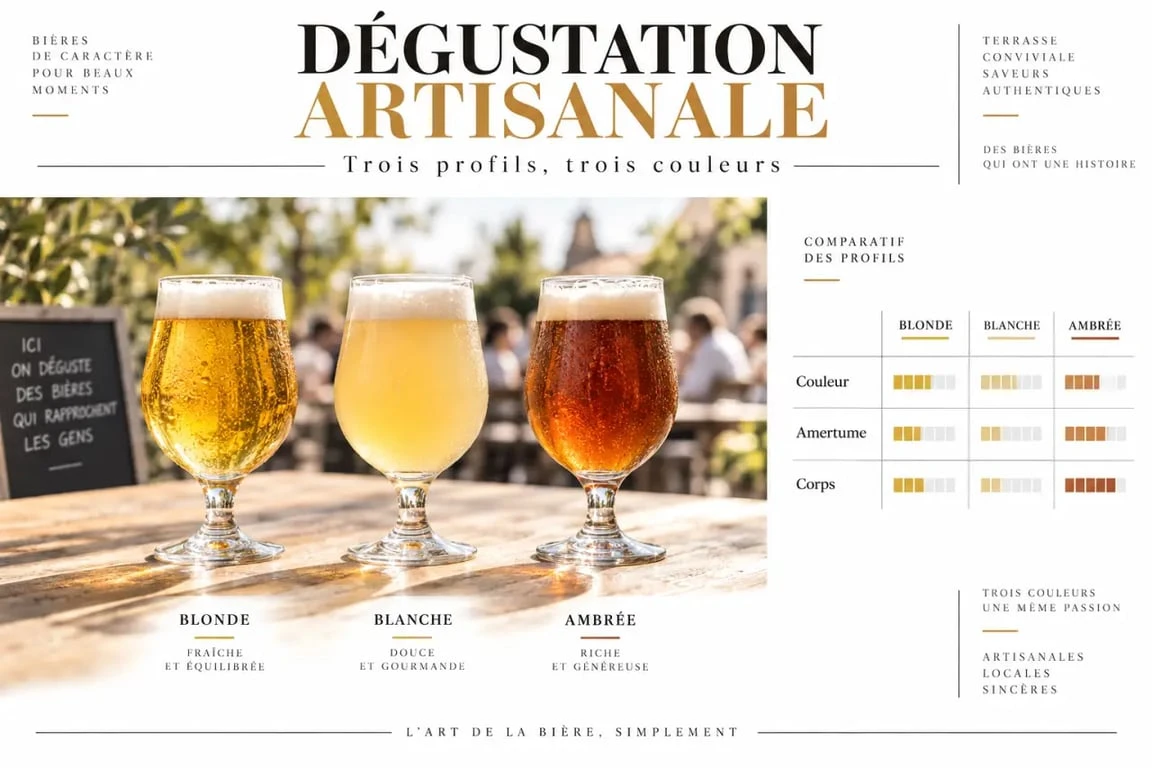 Dégustation de bières artisanales blonde, blanche et ambrée à la Brasserie des Rieux