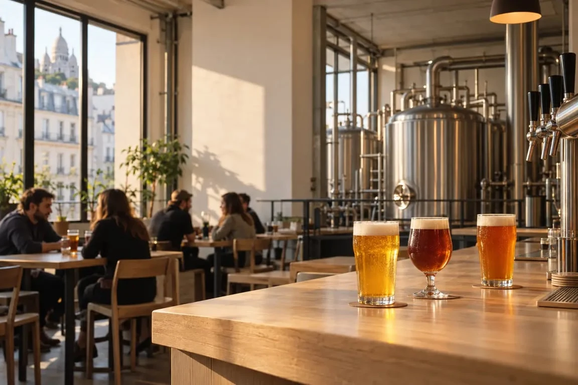 Bar et microbrasserie de la Goutte d’Or avec cuves de brassage et bières artisanales