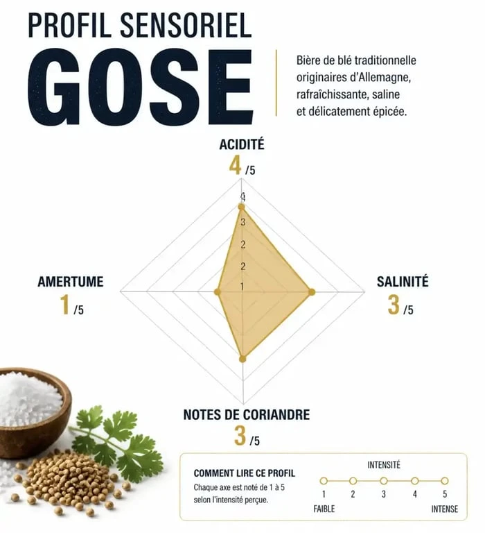 Infographie du profil sensoriel de la bière Gose : acidité, salinité et notes épicées