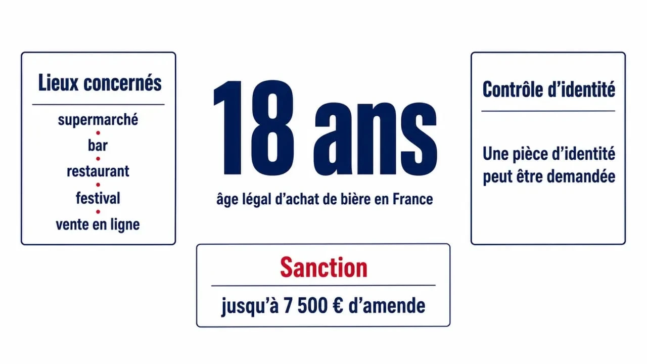 Âge légal achat bière France : visuel rappelant la limite de 18 ans, les lieux concernés et l’amende en cas de vente à un mineur