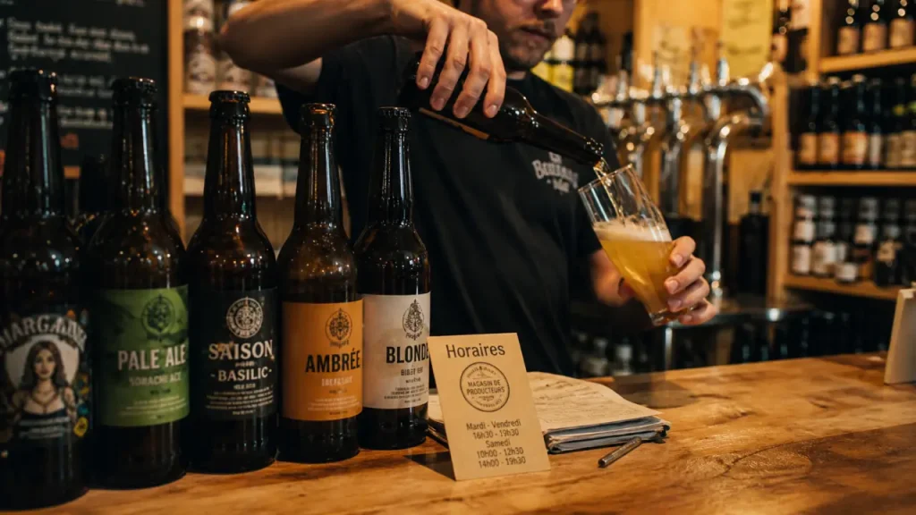 Brasserie artisanale de la rente rouge : vendeur verse bière, horaires à vérifier