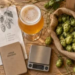 Houblon bière : cônes de houblon et bière blonde en verre