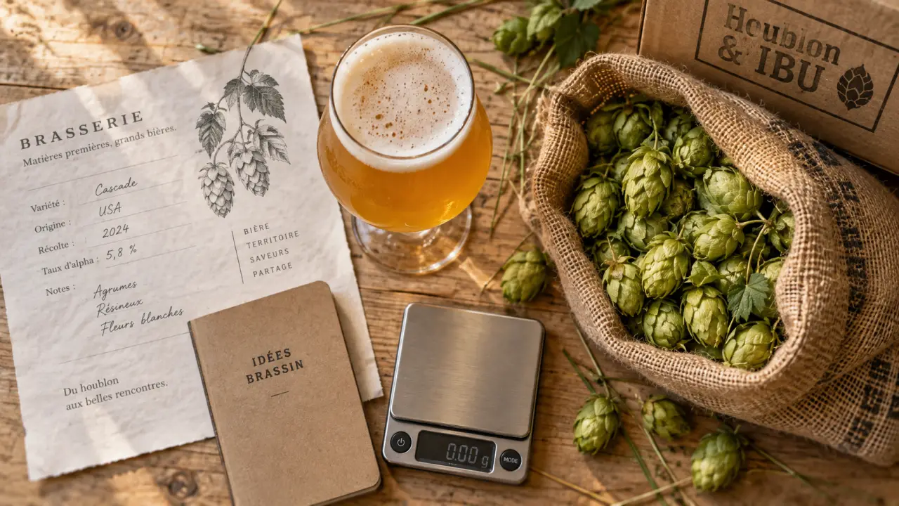 Houblon bière : cônes de houblon et bière blonde en verre