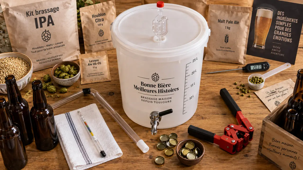 Kit brassage biere, seau de fermentation et bouteilles