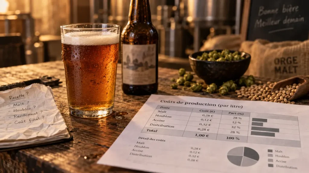Marge bière artisanale : verre de bière et tableau de coûts