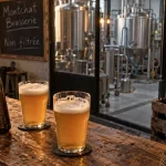 Microbrasserie de Montchat : verres de bières artisanales non filtrées, comptoir bois et atelier