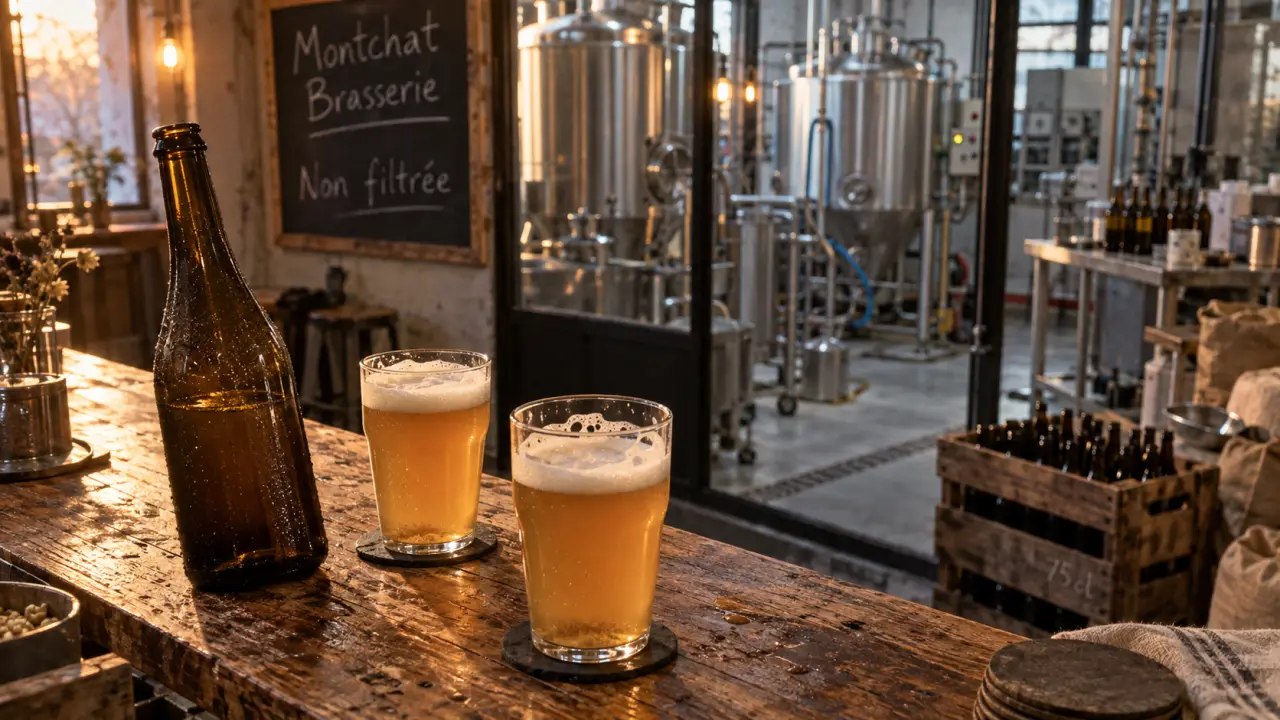 Microbrasserie de Montchat : verres de bières artisanales non filtrées, comptoir bois et atelier