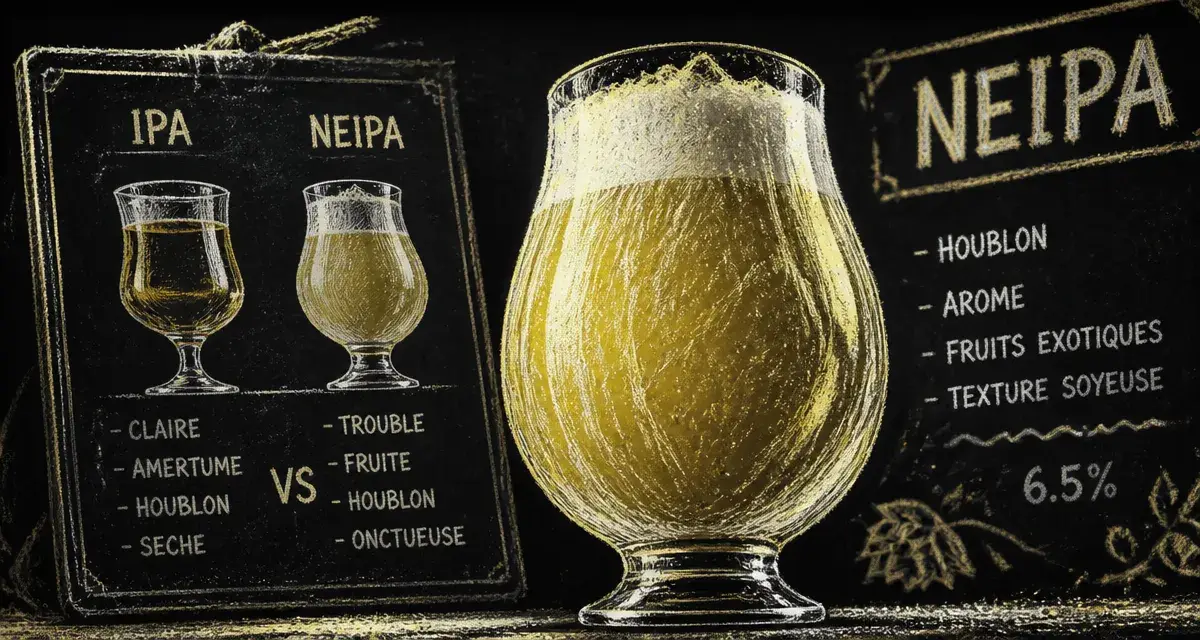 Neipa biere trouble, IPA opaque en verre à tulipe, mousse ivoire