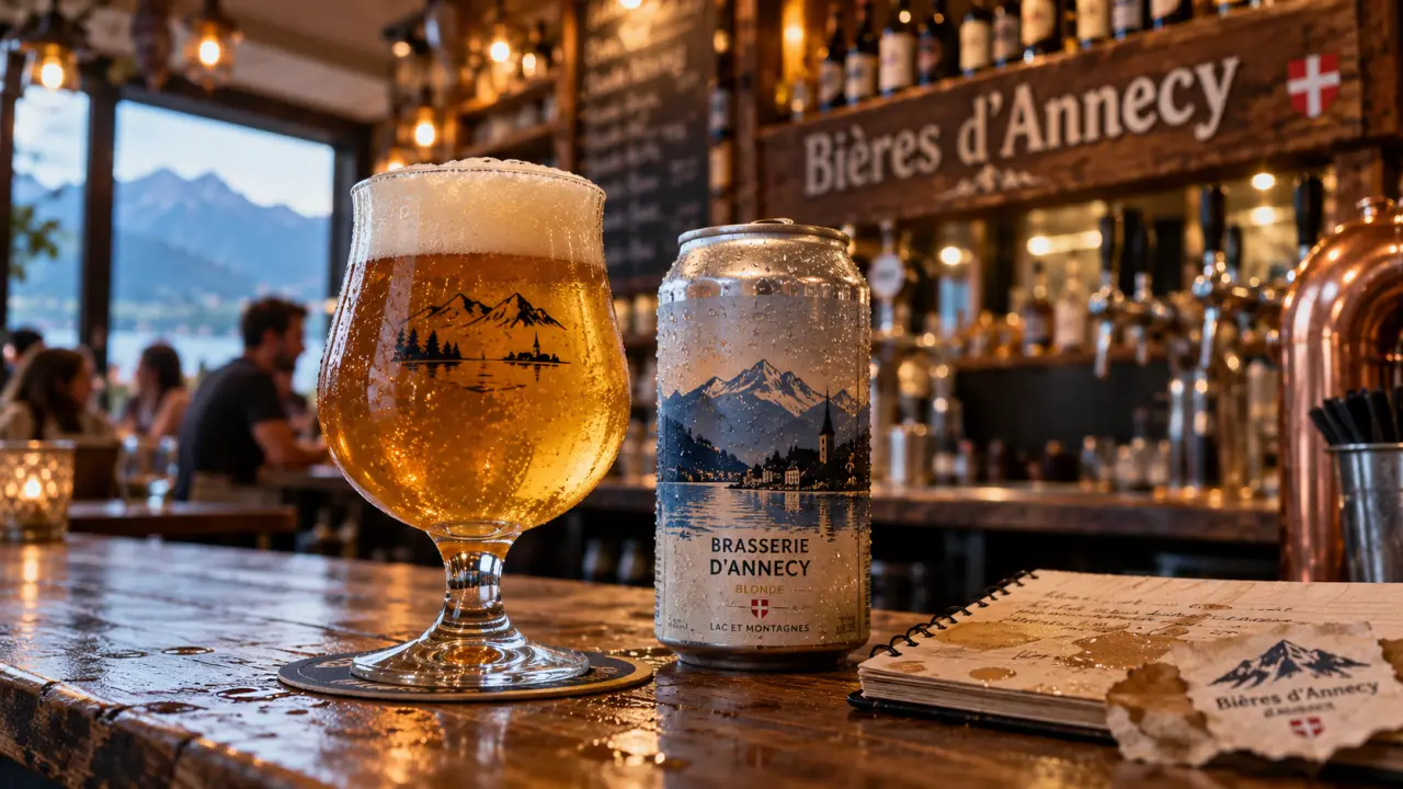 Biere artisanale annecy : verre de bière dorée et bar à bières locales