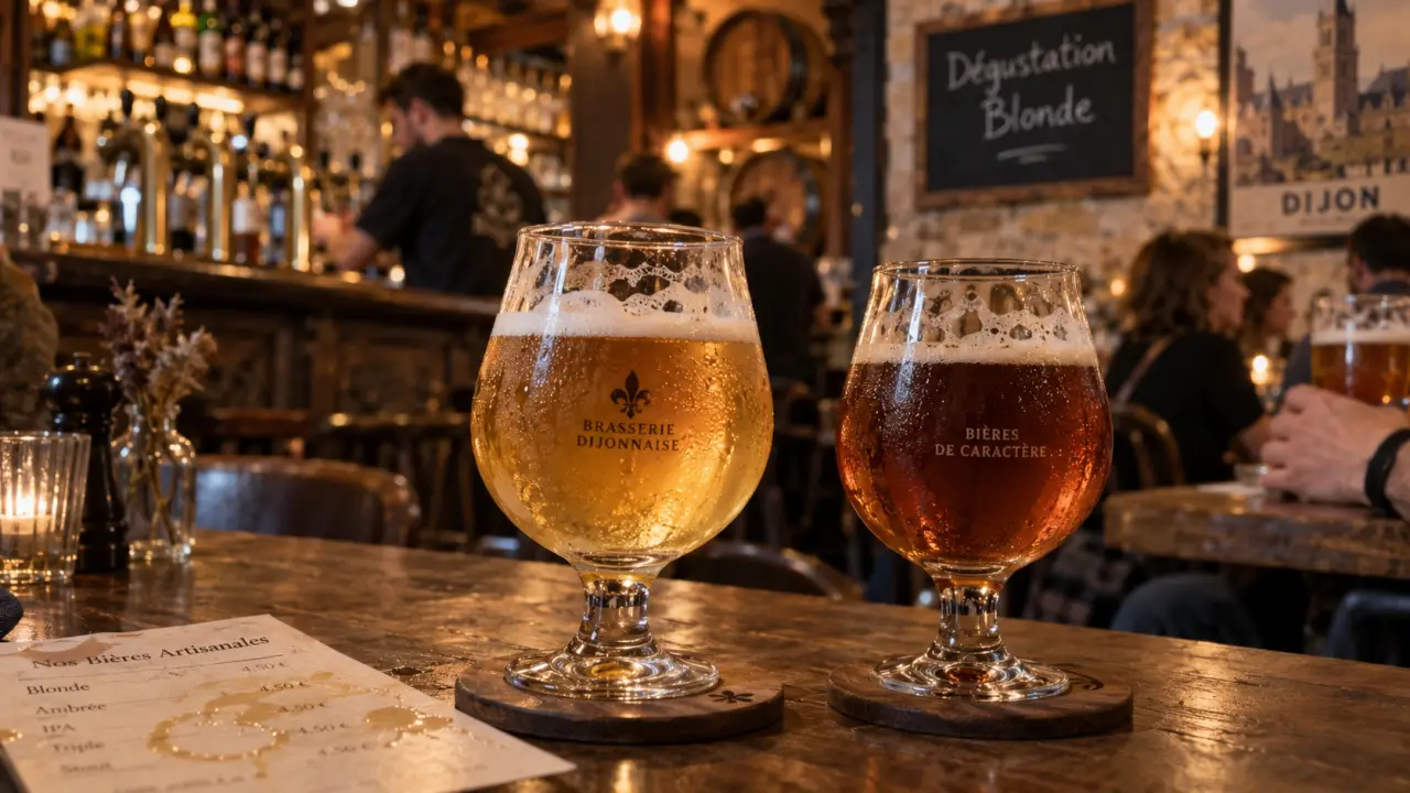 Bière artisanale dijon : verres blonde et ambrée en brasserie