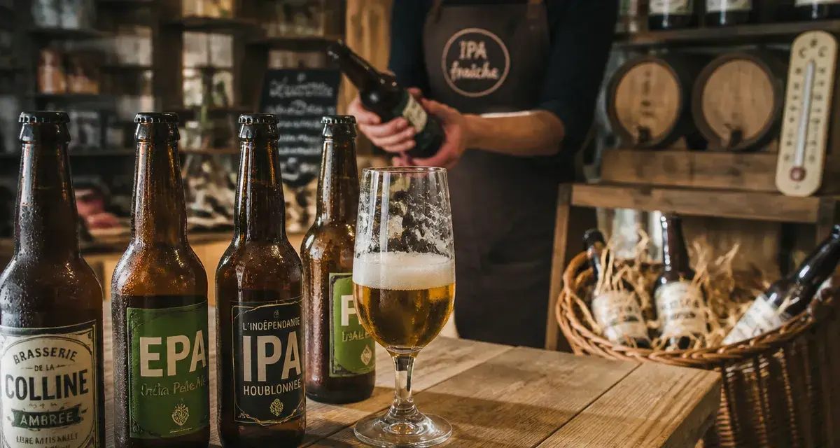 Bière artisanale France : IPA fraîche, verre et bouteilles
