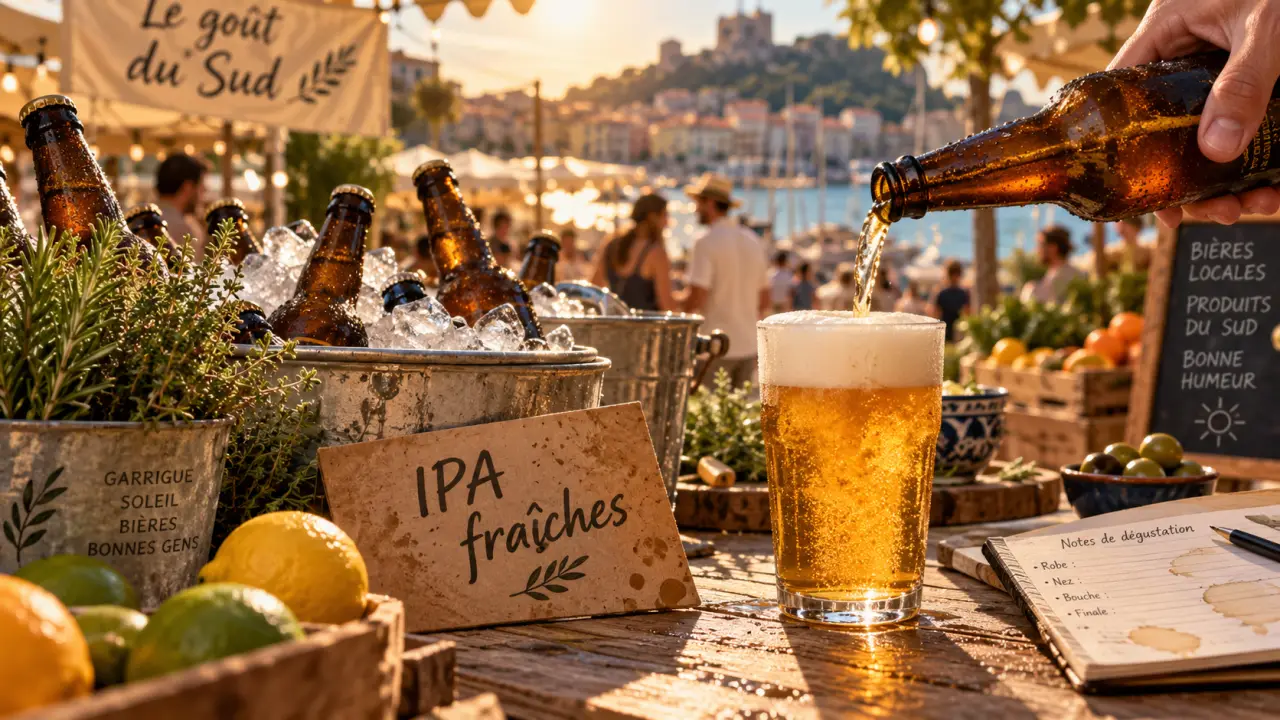 Bière artisanale hérault au marché, verre de bière fraîche, bouteilles artisanales