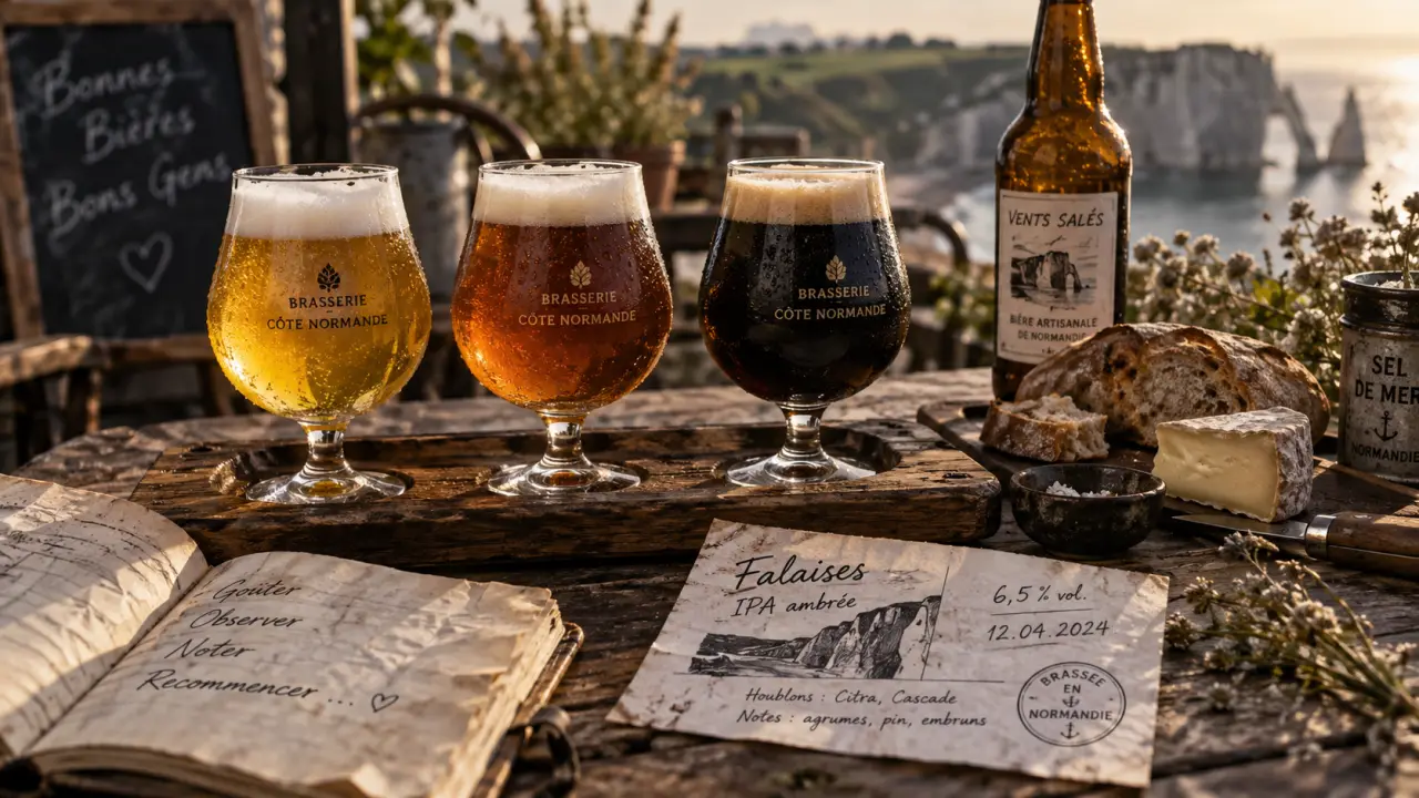 Bière artisanale normandie : verres avec blonde IPA stout, plateau bistrot, circuit court