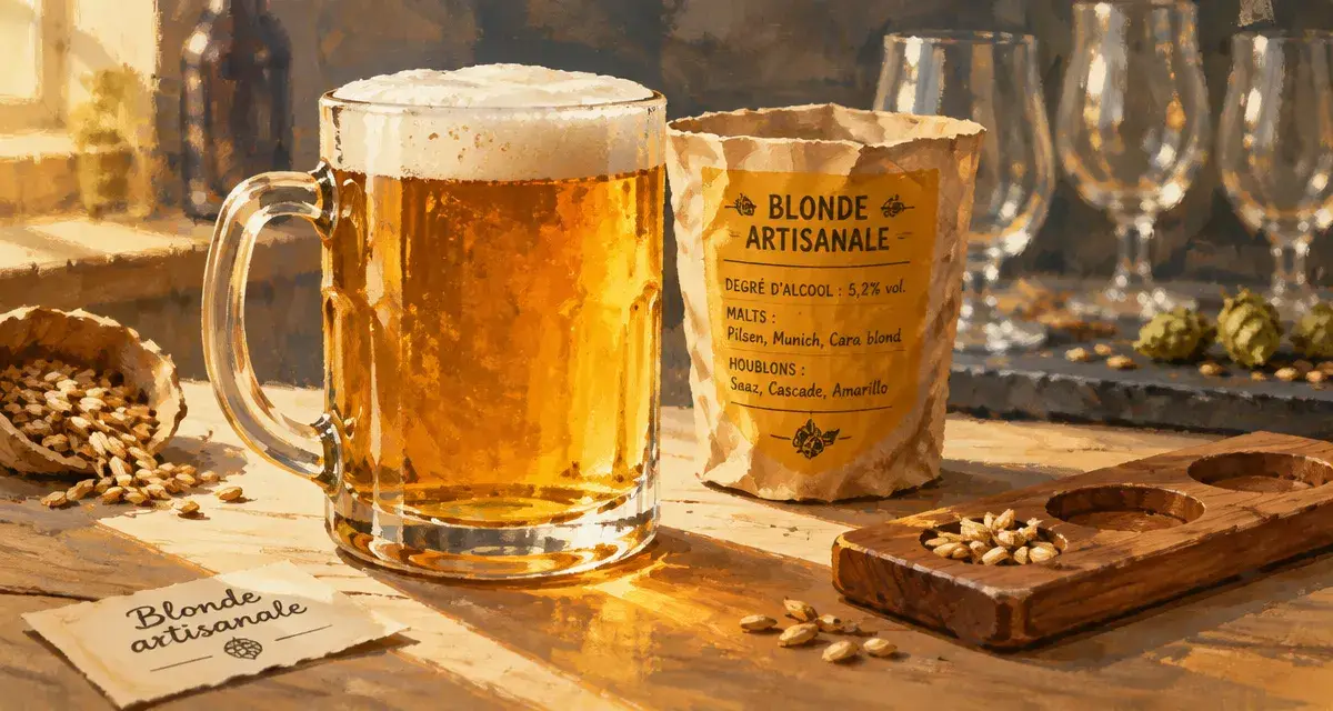 Bière blonde artisanale : chope et mousse fine sur table en bois