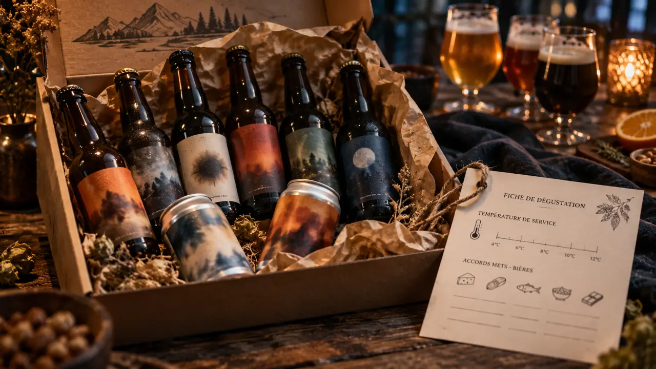 Box bière artisanale : coffret local sur table en bois, dégustation
