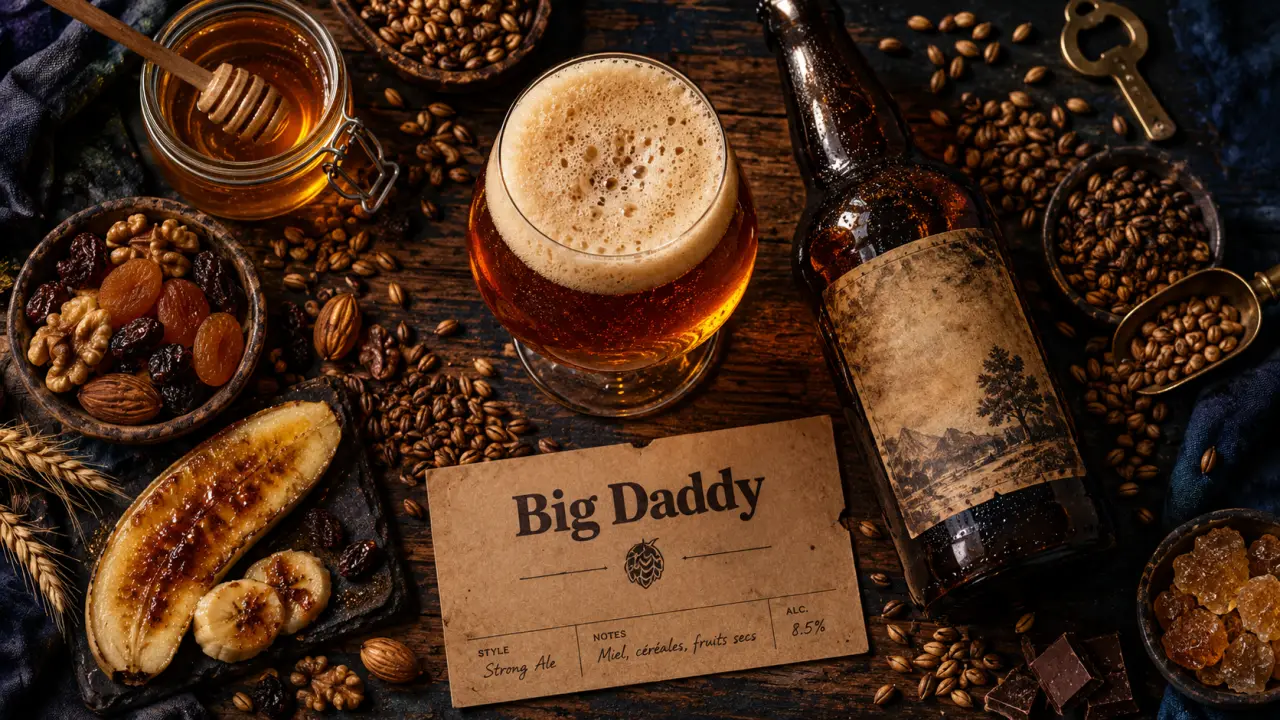 Brasserie 3ienchs : bière Big Daddy ambrée, verre tulipe et mousse