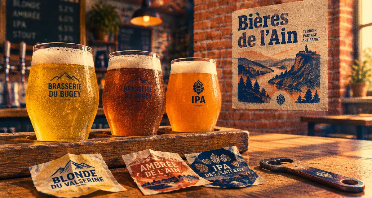 Brasserie artisanale ain : verres de bière au comptoir, taproom