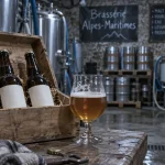 Brasserie artisanale Alpes Maritimes, bière en cave artisanale avec bouteilles et verre.