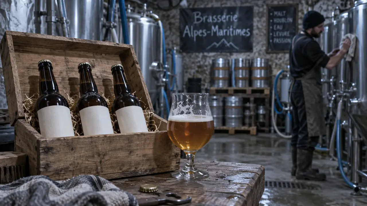 Brasserie artisanale Alpes Maritimes, bière en cave artisanale avec bouteilles et verre.