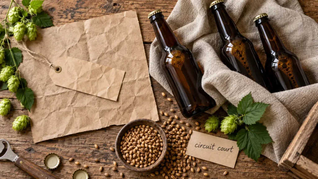 Brasserie artisanale bio : bouteilles, houblon local et étiquette sur table en bois