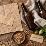 Brasserie artisanale bio : bouteilles, houblon local et étiquette sur table en bois