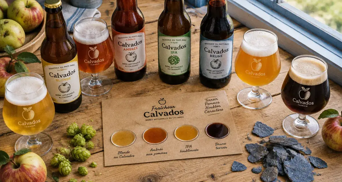 Brasserie artisanale Calvados : bière locale avec pommes et mousse sur table en bois