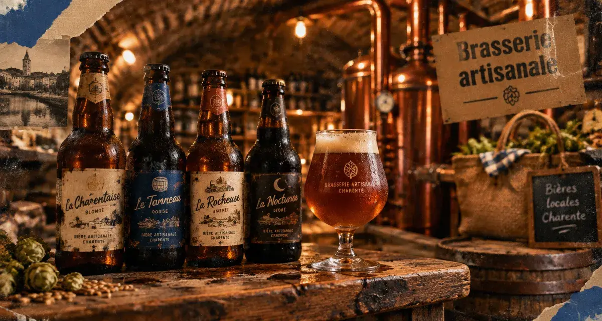 Brasserie artisanale charente : bouteilles et verre de bières locales en cave voûtée