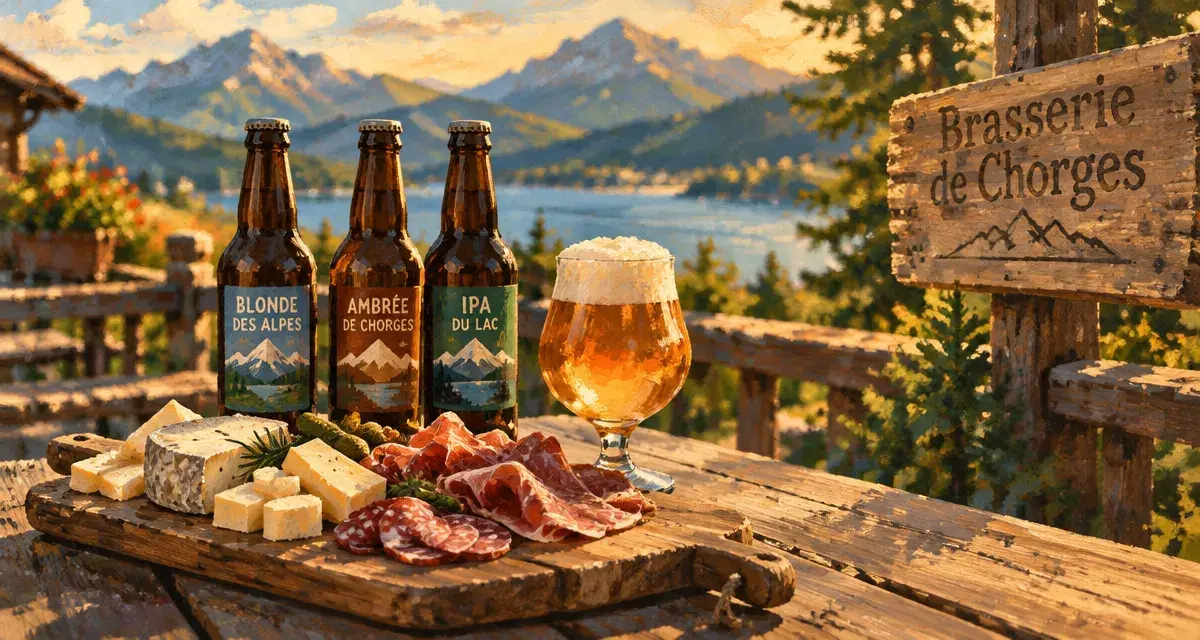 Brasserie artisanale chorges : terrasse bois, bière et planche apéritif locale