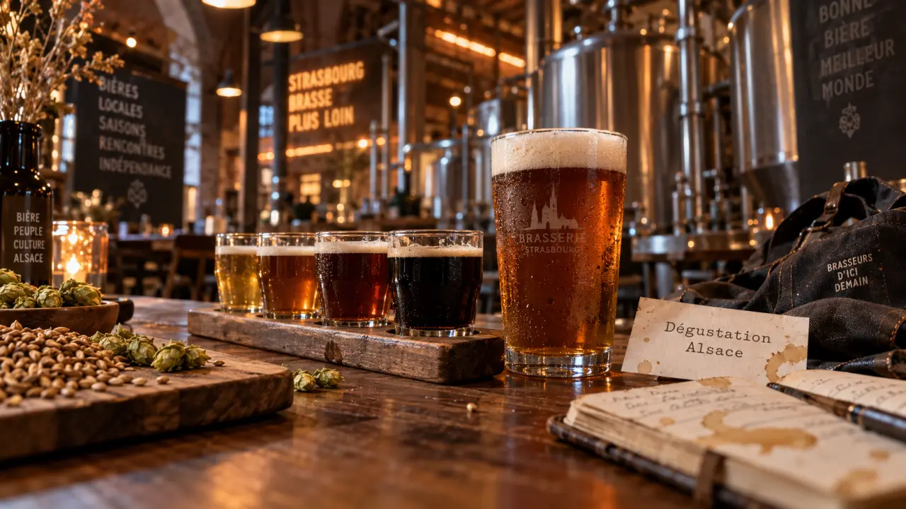 Brasserie artisanale Strasbourg : dégustation en brewpub, verre de bière ambrée