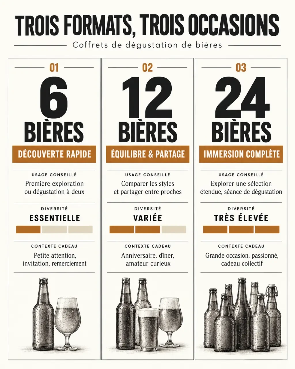 Infographie sur les formats d’un biere coffret degustation de 6, 12 ou 24 bières