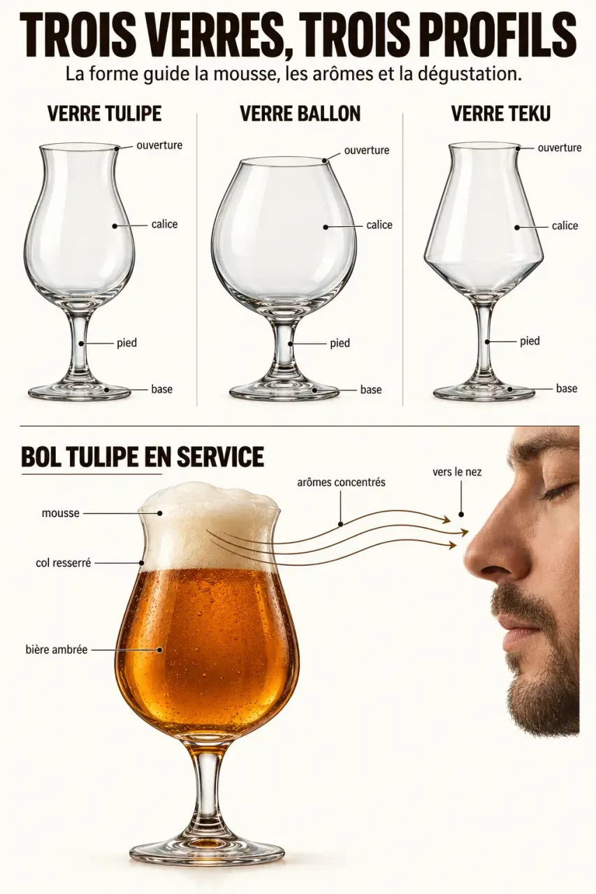 Verre tulipe biere comparé aux verres ballon et Teku avec calice, ouverture, pied et mousse