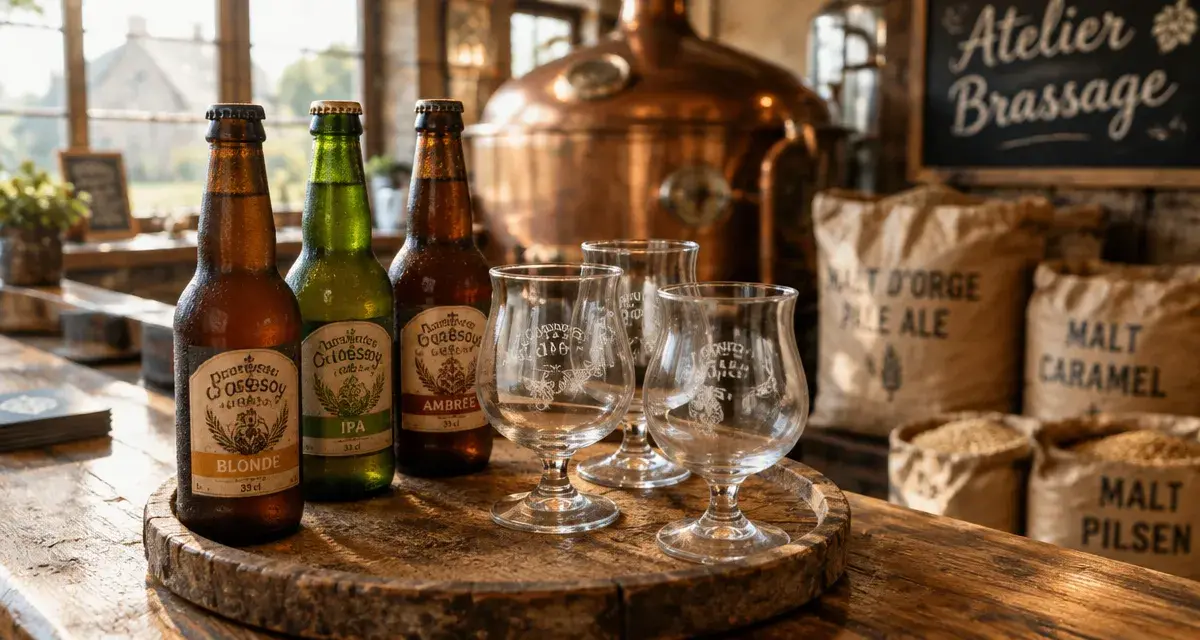 Microbrasserie dimezell à Quessoy : bouteilles de bières et atelier de brassage