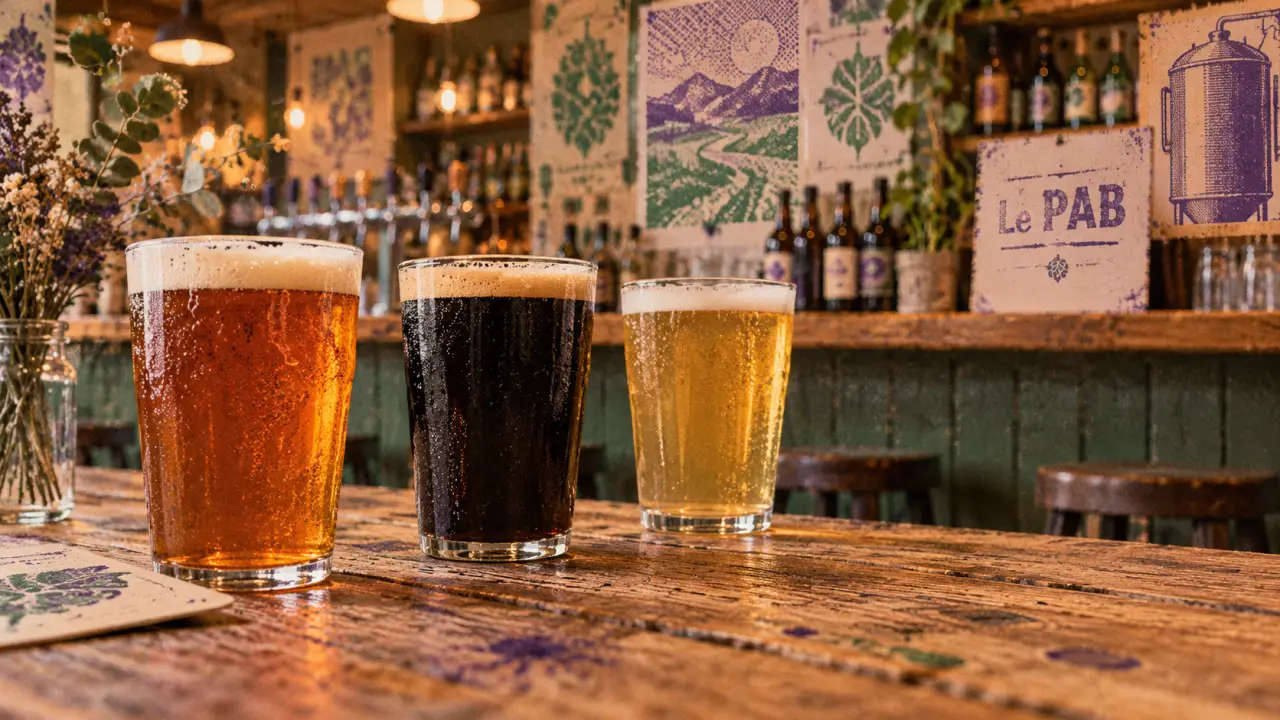 PAB microbrasserie : trois bières artisanales sur table en bois