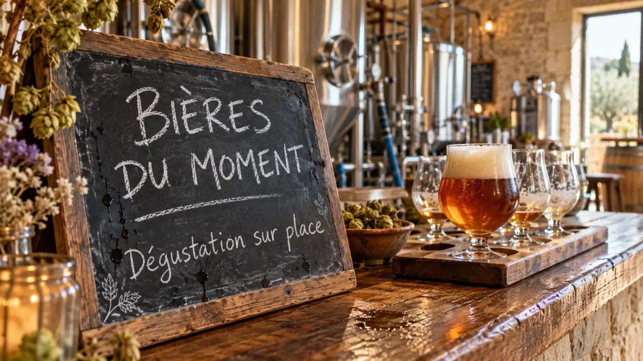 Photos de brasserie artisanale de Provence : ardoise de dégustation sur comptoir, cuves et verres tulipe