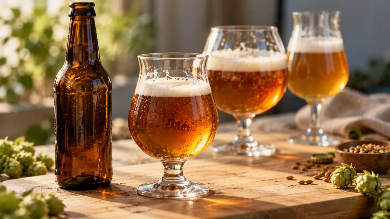 Verre tulipe biere en verre transparent, mousse et condensation sur bois clair